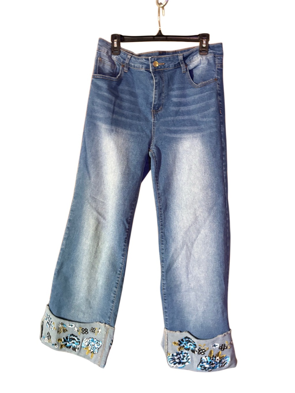 Women's Blue Embroidered Cuffed Wide Leg Jeans